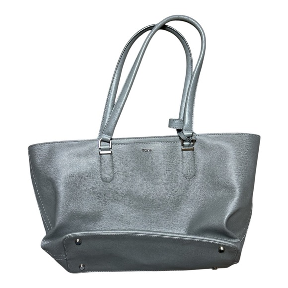 Tumi Sinclair Tote Handbag Gray Pebbled Leather Suitcase Topper Double Handle - Picture 1 of 14